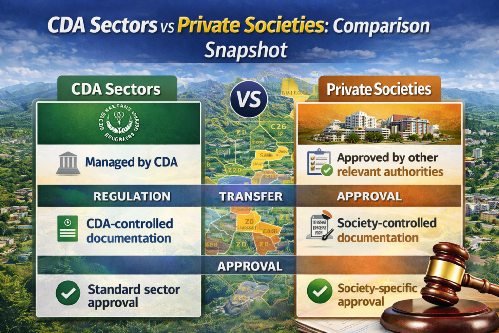 CDA sectors vs private housing societies in Islamabad comparison snapshot (2026)